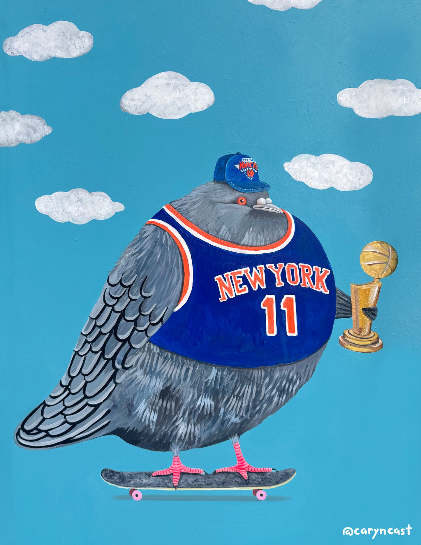 Skateboarding Knicks Jerry in Greenpoint with Trophy