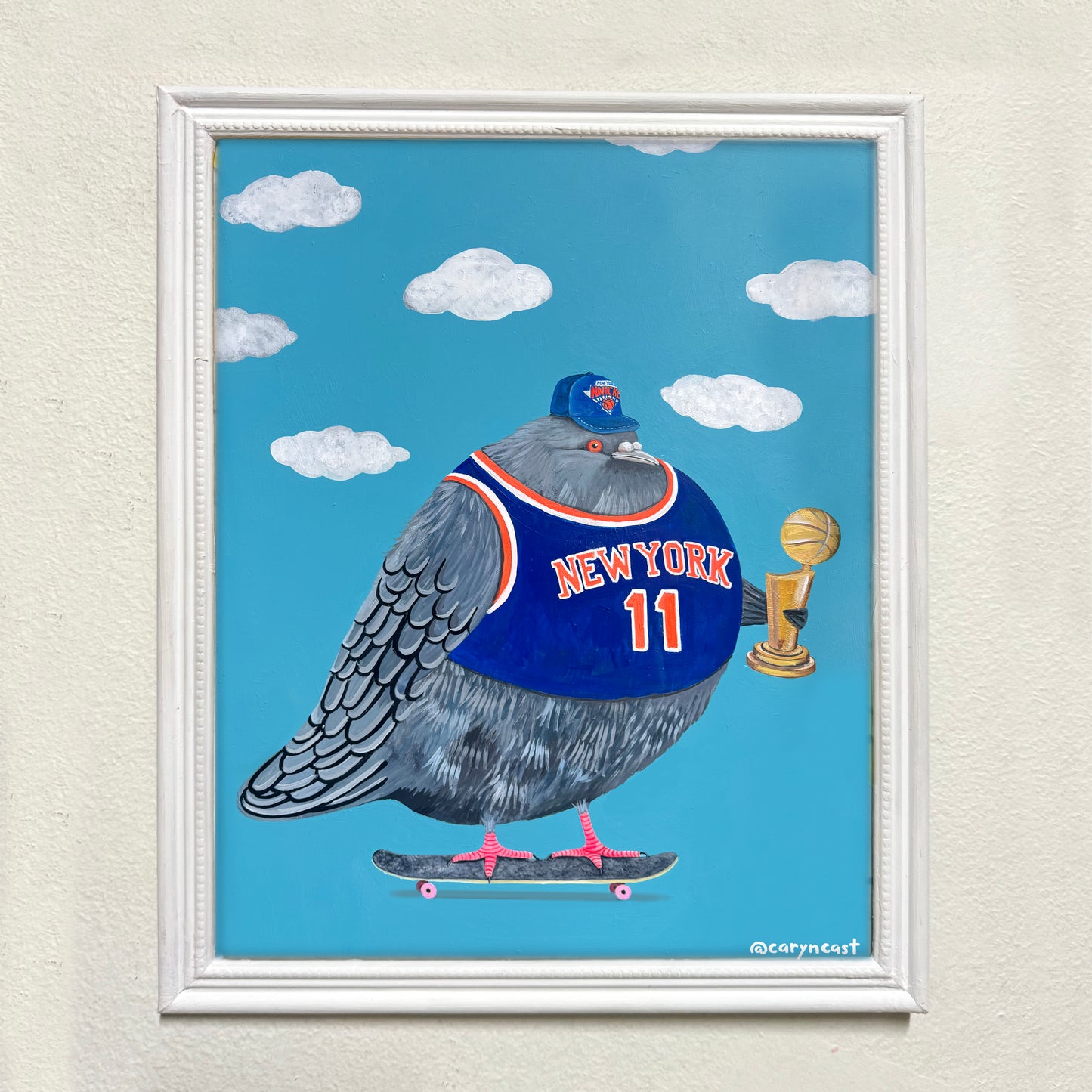 Skateboarding Knicks Jerry in Greenpoint with Trophy